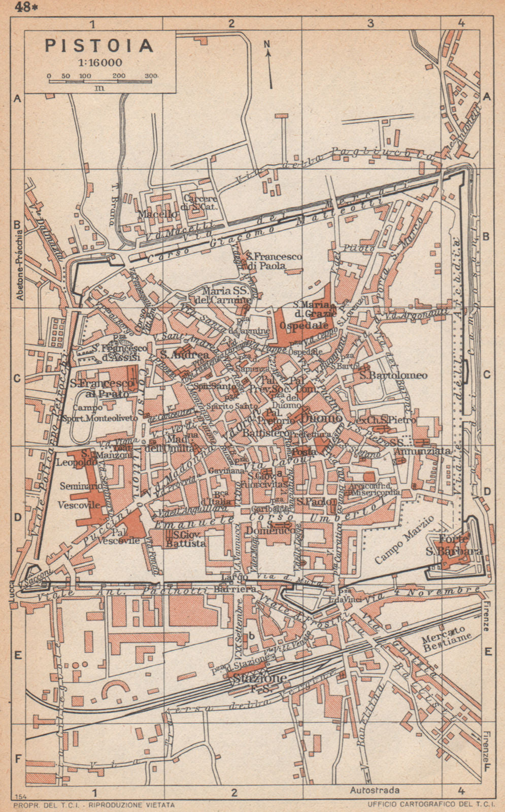 PISTOIA vintage town city map plan pianta della città. Italy 1958 old
